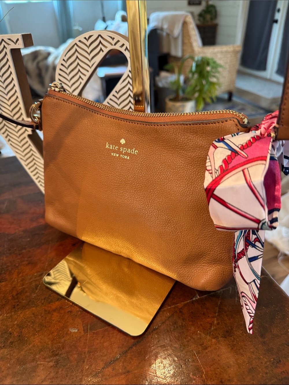 kate spade Pebbled Leather Crossbody in Cognac with Pink Scarf Accent